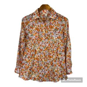 Sundance Floral Button Up Pintuck Shirt Roll Tab Sleeves Orange/Purple Sz M